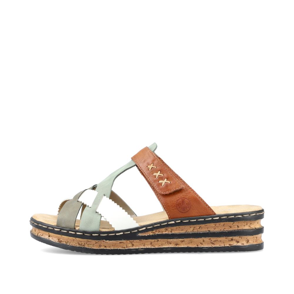 Rieker Women's Mules - Chocolate Brown-Mint Green-White