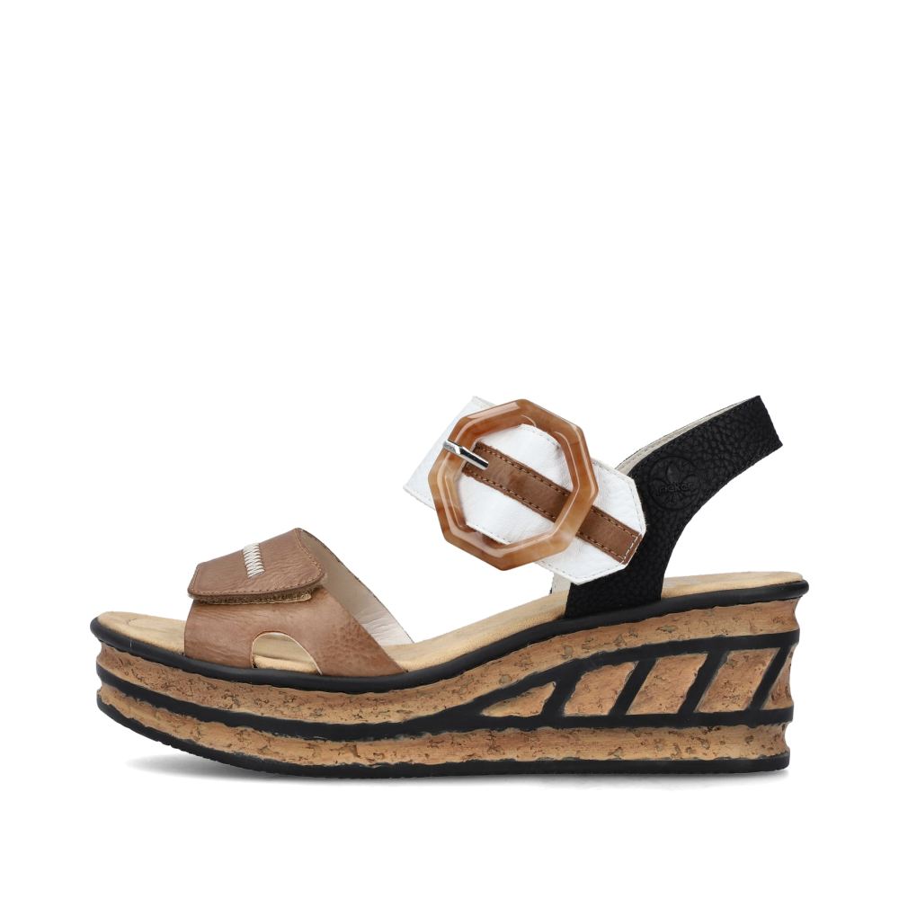 Rieker Women's Wedge Sandals - Brown Beige-Pure White