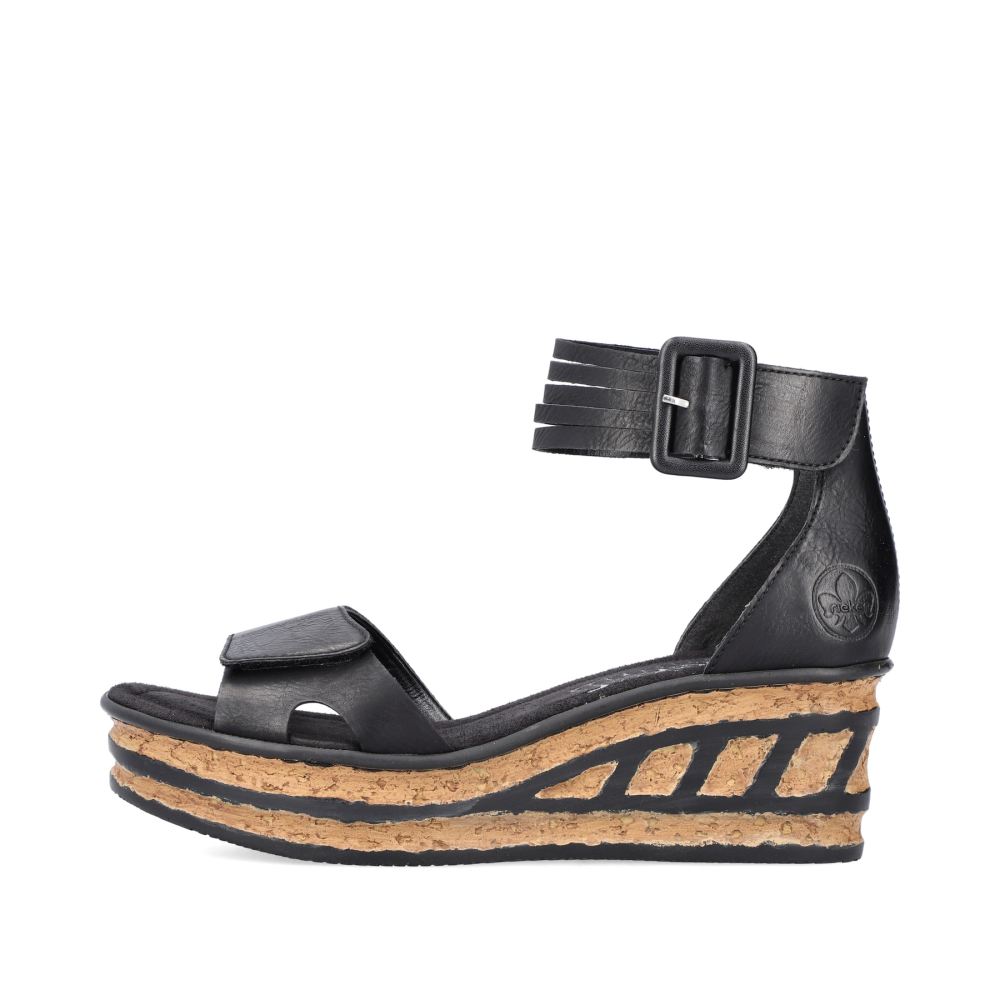 Rieker Women's Wedge Sandals - Glossy Black