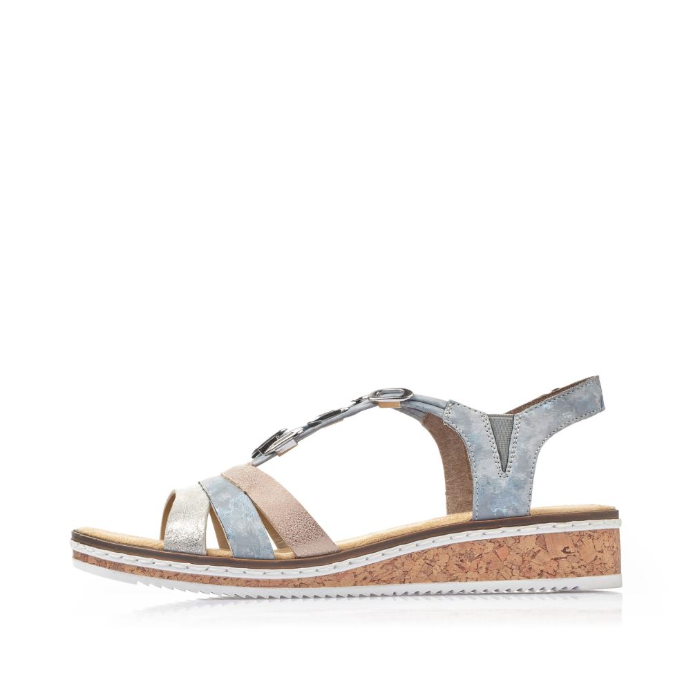 Rieker Women's Wedge Sandals Sky Blue-Light Beige